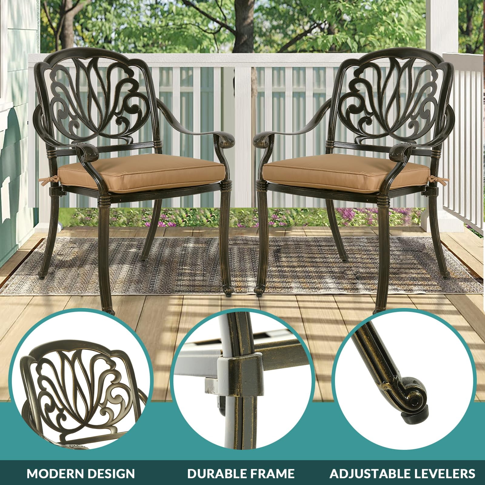 MEETWARM 9-Piece Outdoor Furniture Dining Set for 8, All Weather Cast Aluminum Patio Dining Set- Large 64" Square Table with Umbrella Hole and 8 Cushioned Chairs, Patio Table and Chairs Set, Khaki