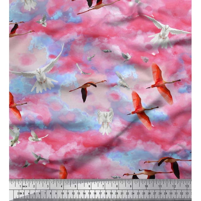 Soimoi polyester Crepe Fabric Flying Stork & Dove Bird Decor Fabric Printed Yard 52 Inch Wide