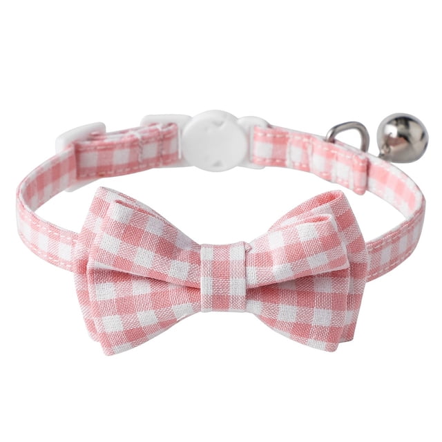 Collar ajustable para gatos, gatitos y cachorros, con lazo y cascabel, a cuadros, rosa, talla S, 1,0 x 28 cm