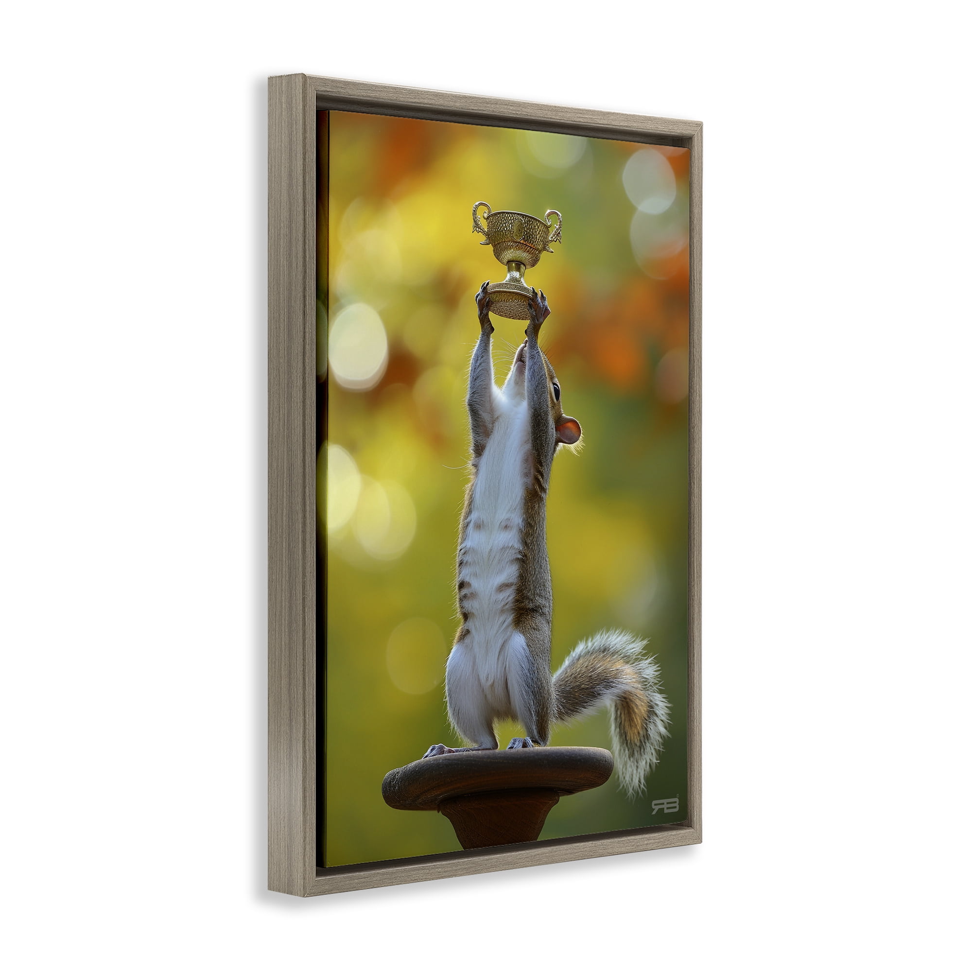 Stupell Industries Squirrel Holding Trophy Novelty Painting Brown Floater Framed Art Print Wall Art, 17 x 25