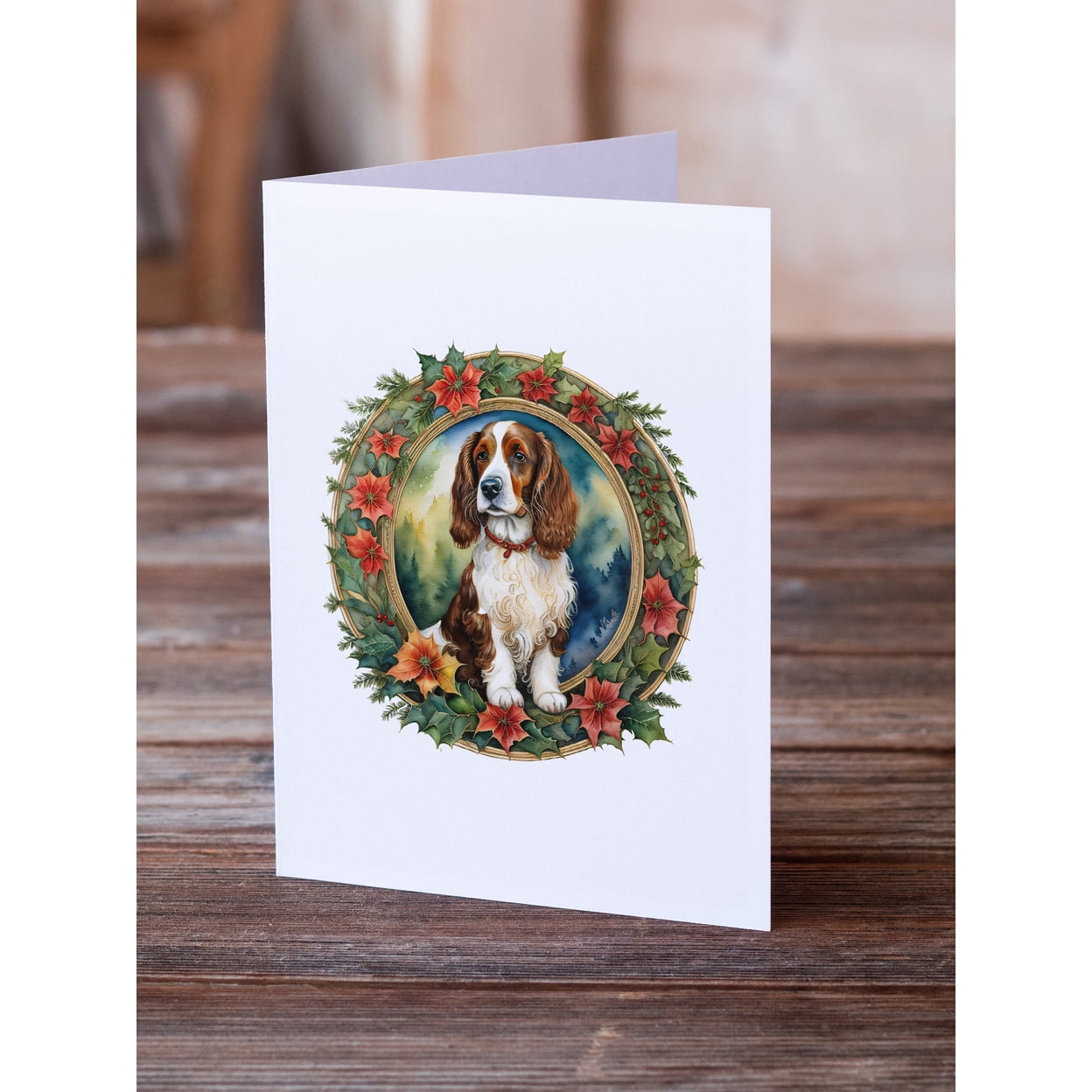 Welsh Springer Spaniel Christmas Flowers Greeting Cards Pack of 8 7 in x 5 in