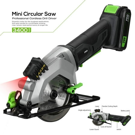 Mini Circular Saw, DC20V 4-1/2" Cordless Circular Saw with 2.0Ah battery, Laser Guide, Rip Guide, 2 Pcs Blades(24T 60T), 3400RPM, Max Cutting Depth 1-11/16"(90°), 1-1/8"(45°)