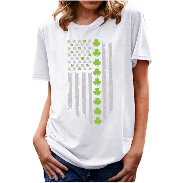 Bowake T-Shirt de la Saint-Patrick pour Femmes, Manches Courtes Vertes, Col Rond, T-Shirt Graphique Trèfle, Blouse