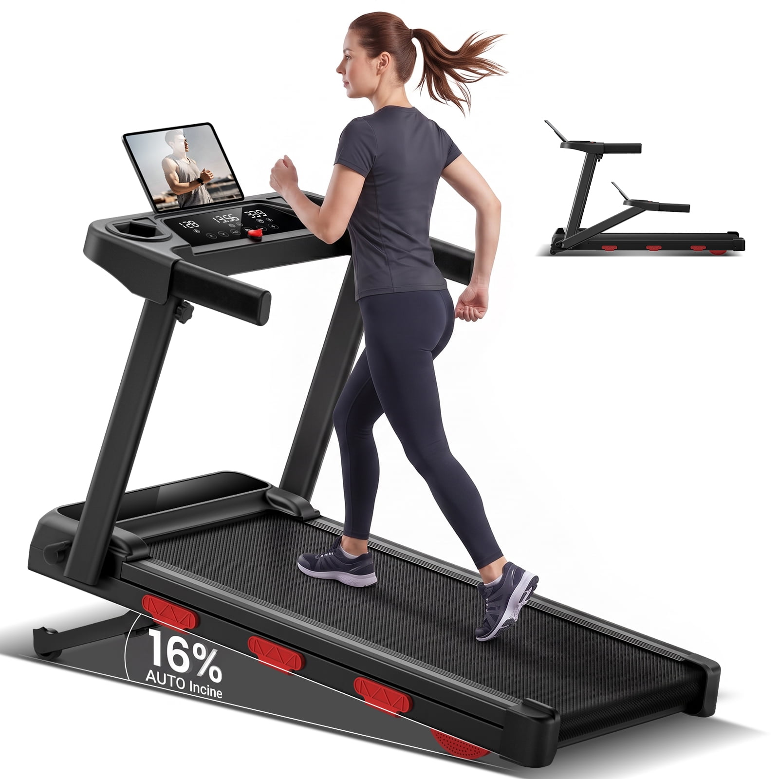 CURSOR FITNESS 16% Treadmill with Auto Incline, Folding Treadmill for Home & Office, 3.0 HP, 300lbs Capacity, LED Display