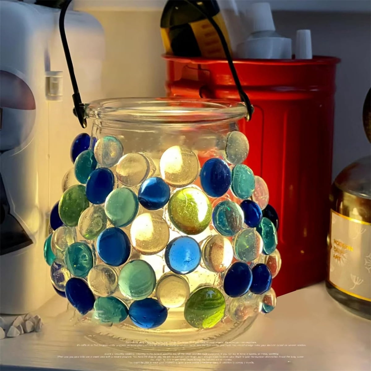 0.66lb Portable Blue Flat Glass Marbles,QZS Durable Vase Filler Glass Pebbles Floral Beads for Table,Aquarium,DIY Craft Decoration