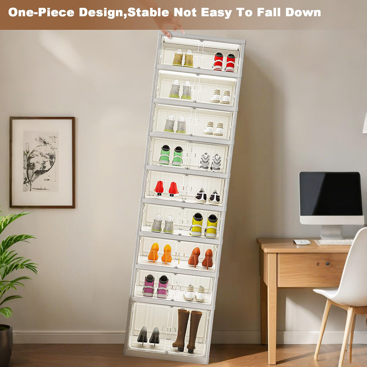 Foldable Storage Box, No Assembly Stackable Shoe Organizer Storage Bin With Magnetic Doors, Clear Collapsible Plastic Shoe Rack Shoe Cabinet