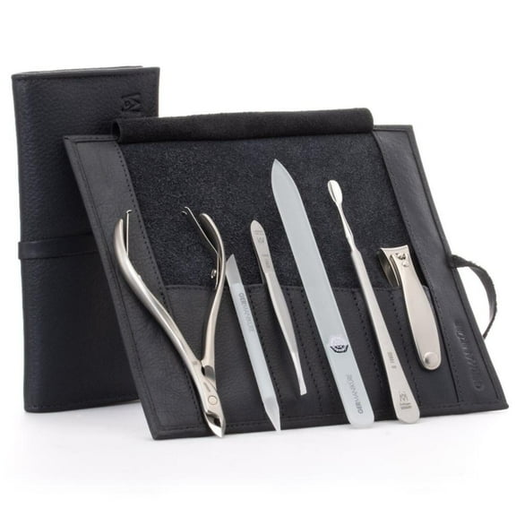 GERMANIKURE 6pc Manicure Set in Black Leather Case - FINOX Stainless Steel Tools Made in Germany, Glass Nail Care Supplies Made in Czech Republic – Professional Cuticle and Nail Care Kit