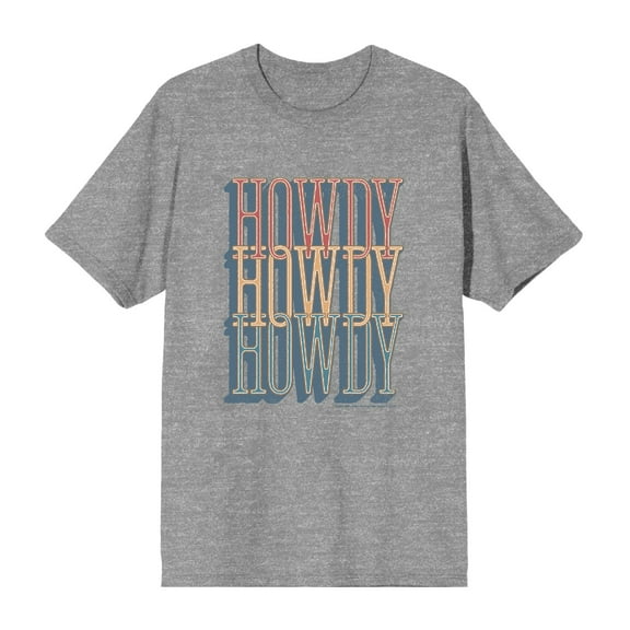 Western Howdy Repeat Text Men's Heather Gray Crew Neck Short Sleeve Tee-Medium