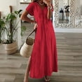 thumbnail image 2 of Horkkom Maxi Dresses for Women Short Sleeve V Neck Summer Dresses Casual Loose Solid Color Long Dresses Slit Side L, 2 of 6