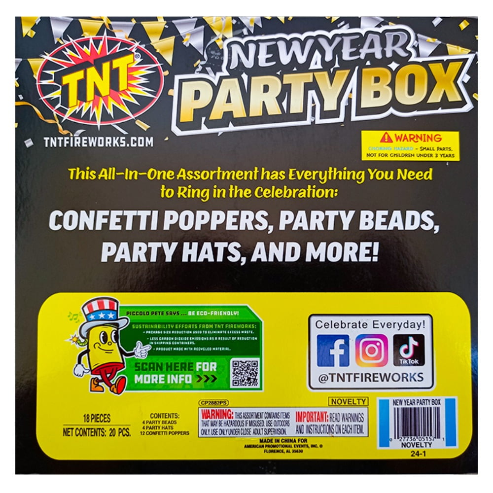 TNT Fireworks, New Year's Party Box, Party Poppers and Hats, Gold and Silver