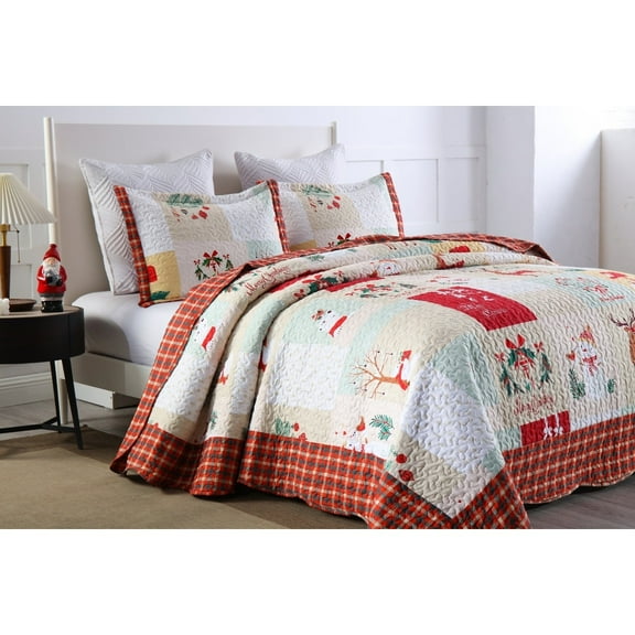 MarCielo 3-Piece Christmas Holiday Red Polyester Quilt Set Bedding, Queen