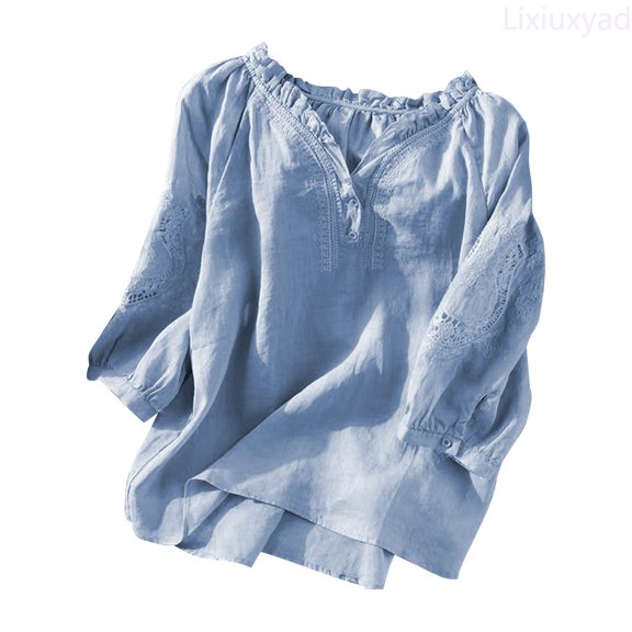 Lixiuxyad Women's Summer Loose Embroidered Floral Linen V Neck 3/4 Sleeve Shirt Blouse Top Casual Summer,Blue L