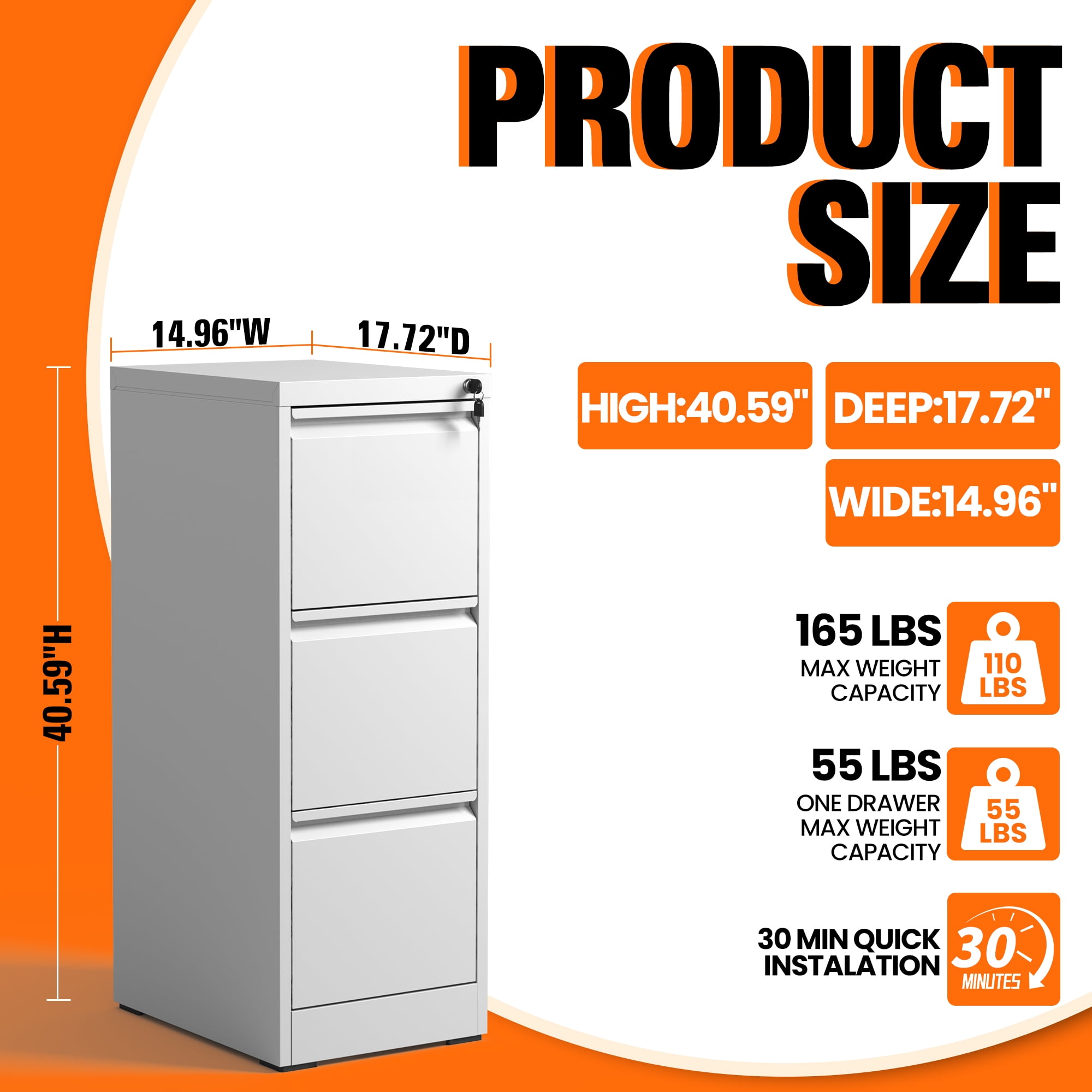 BIZOEIRON 3 Drawer Metal File Cabinet with Lock, Vertical Filing Cabinet for Hanging Legal/Letter Size Files, White