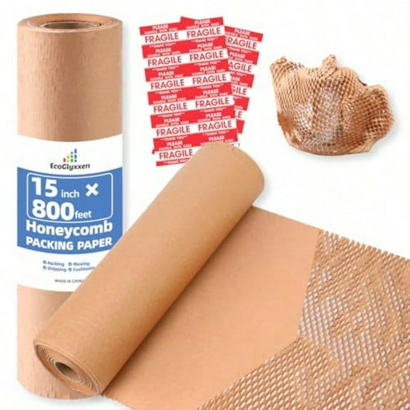 Honeycomb Packing Paper 15x800'Bubble Wrap Substitute Alternative for Shipping Moving plies Small Busin Packaging Packing Boxes Gifts Wrapping Paper with 20 Fragile Stickers