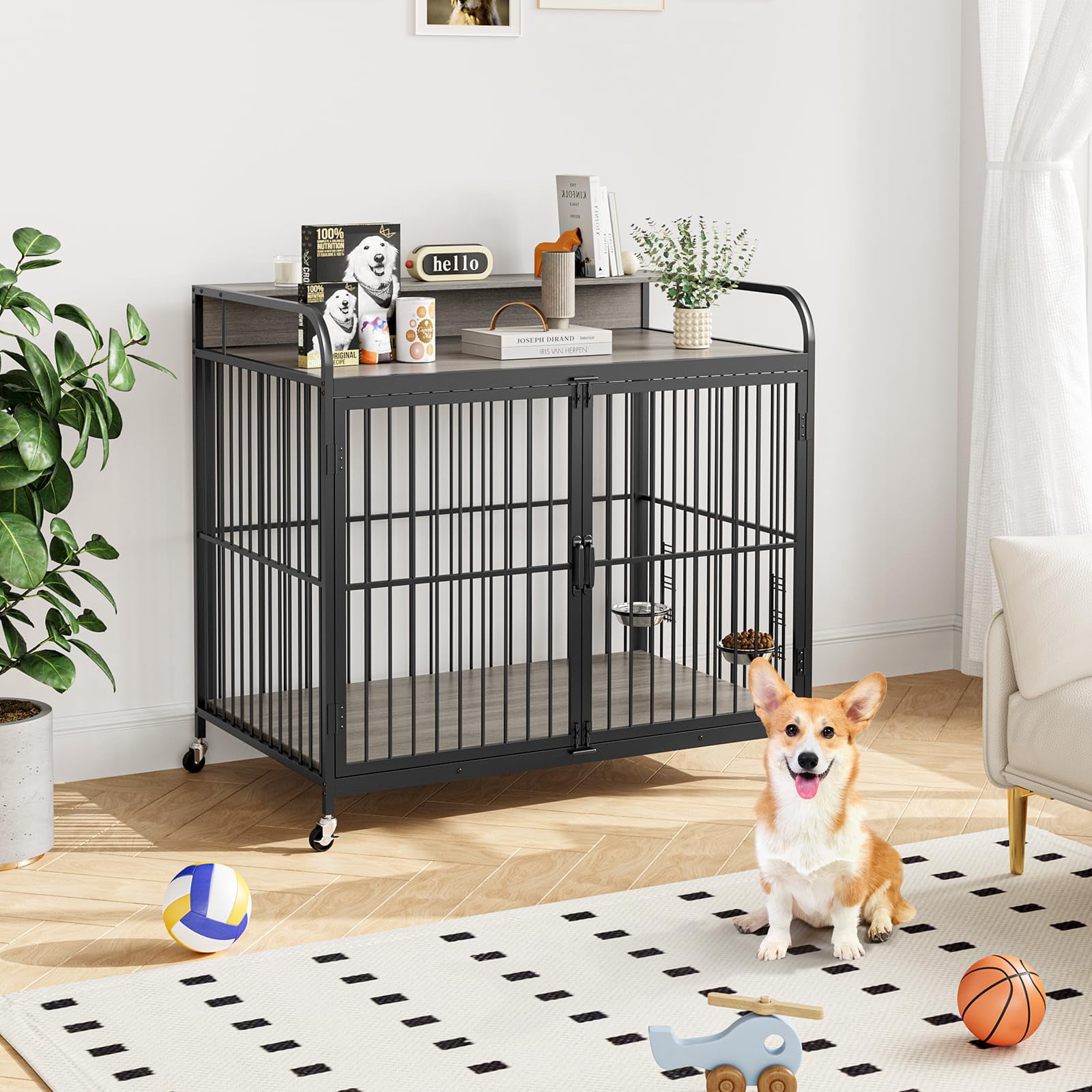 Danolapsi 48" W Large Dog Crate Furniture,with 360° Adjustable Elevated Feeder,Dog Crate with 360° Wheels for Easy Mobility,Heavy Dog Furniture,Indoor Decorative Dog Kennel,Sturdy Metal Construction