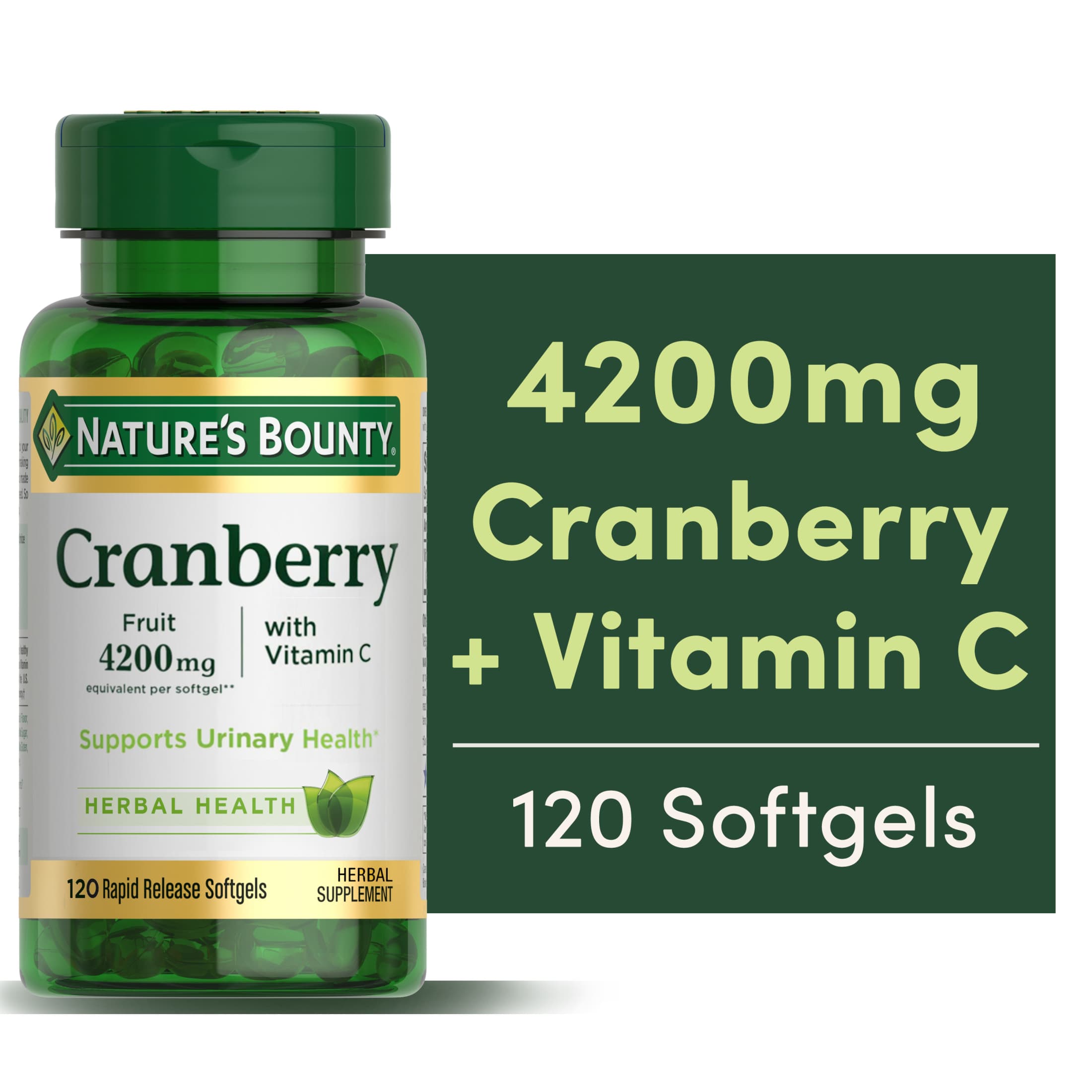 Nature's Bounty Cranberry with Vitamin C, 120 Softgels, 4200 mg Equivalent, Urinary Tract Health & Immune Support, 120 Count