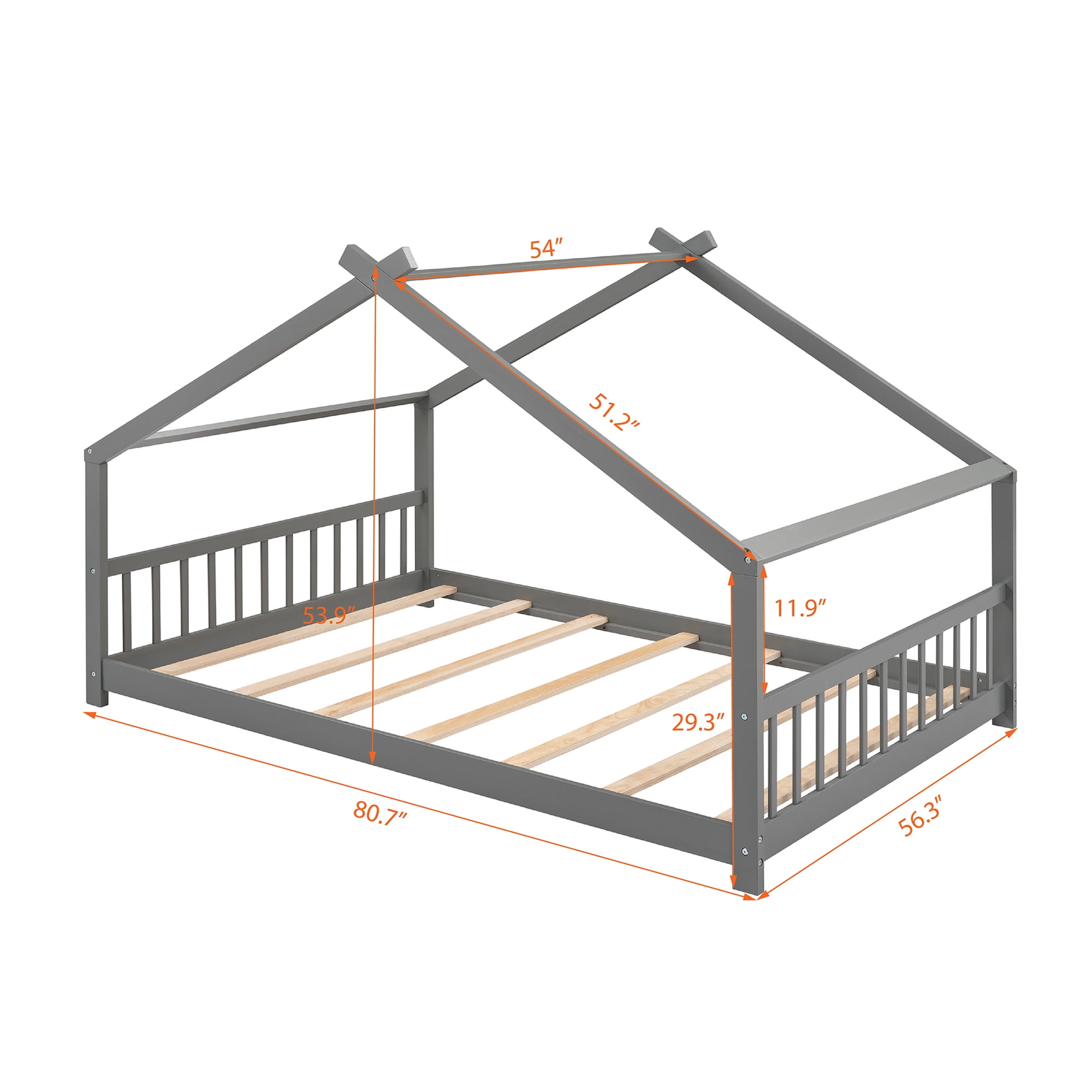 Leumius Full Size Wood House Bed for Kids,Montessori Floor Bed Frame with Headboard and Footboard,Playhouse Bed for Girls Boys(Full, Gray)