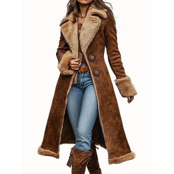 Women's Faux Suede Fleece Lined Midi Long Jacket Fleece Lapel Winter Trench Coat Brown XXXL