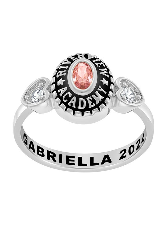 Order Now for Graduation, Freestyle Women's Sterling Silver Classic Oval Stone & CZ Heart Class Ring, Personalized, High School or College