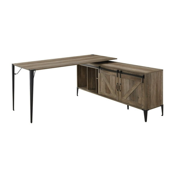 Benjara L Shape Writing Desk with 6 Open Compartments- Brown