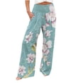 thumbnail image 2 of Plus Size Wide Leg Pants for Women Smocked High Waist Lounge Trousers with Pockets Floral Printed Linen Loose Ankle Length Pant, 2 of 6