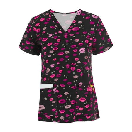 

qucoqpe Womens Plus Size Scrubs Women Short Sleeve V-neck Tops Working Uniform Cartoon Print Blouse Casual Nurse Shirts Scrubs on Clearance