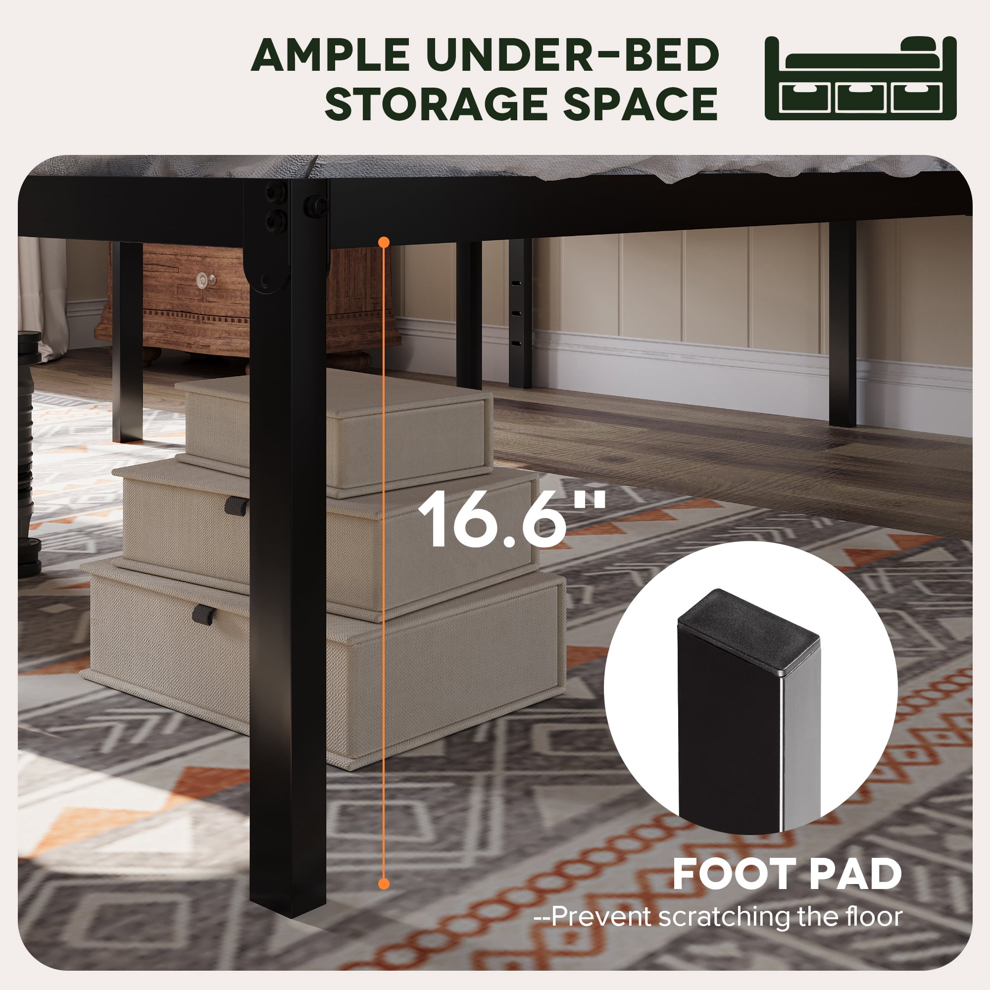 Einfach Full Bed Frame, 18'' Metal Platform Bed with 16.6'' Under-Bed Storage Space, Heavy Duty, No Box Spring Needed, Black