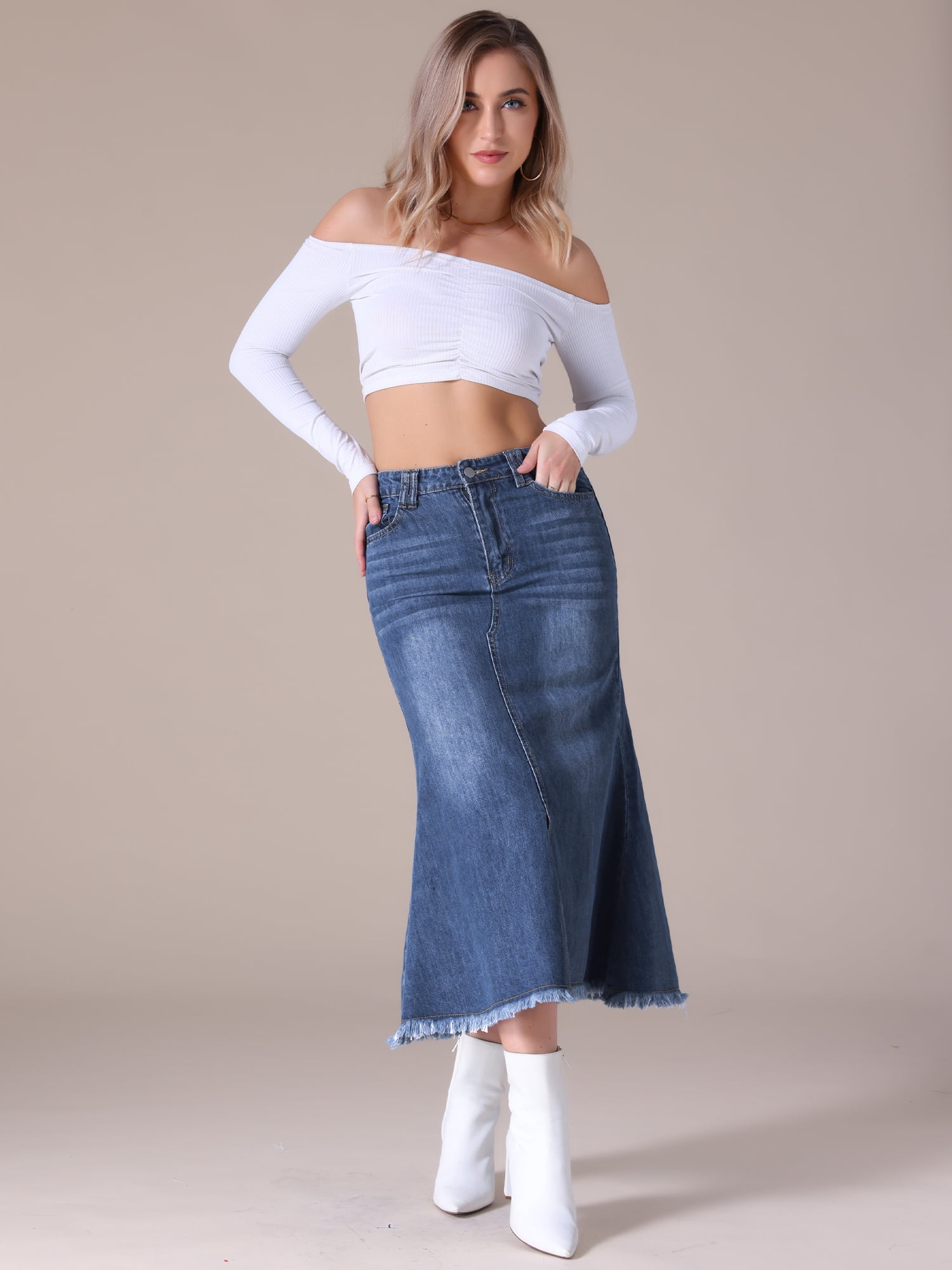 Unique Bargains Women's Long Denim Skirts Split A-Line Fishtail Jean Skirt L Dark Blue