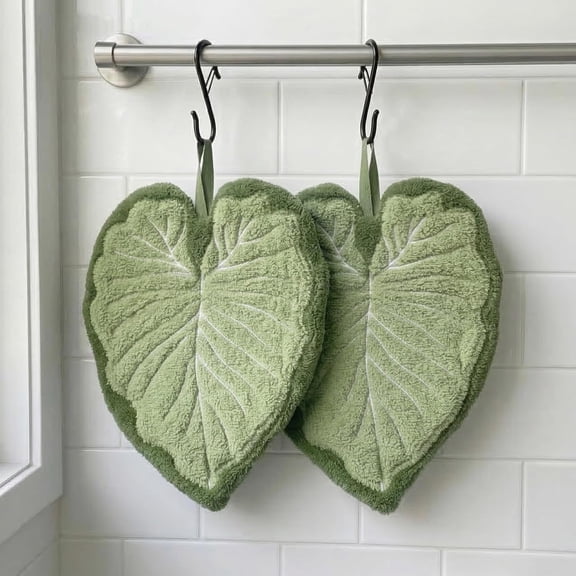 XBQUSVI 2 Pack Leaf Shaped Hand Towel, Kitchen Towels with Hanging Loop, Soft and Absorbent Oven Towel for Bath or Kitchen, Green