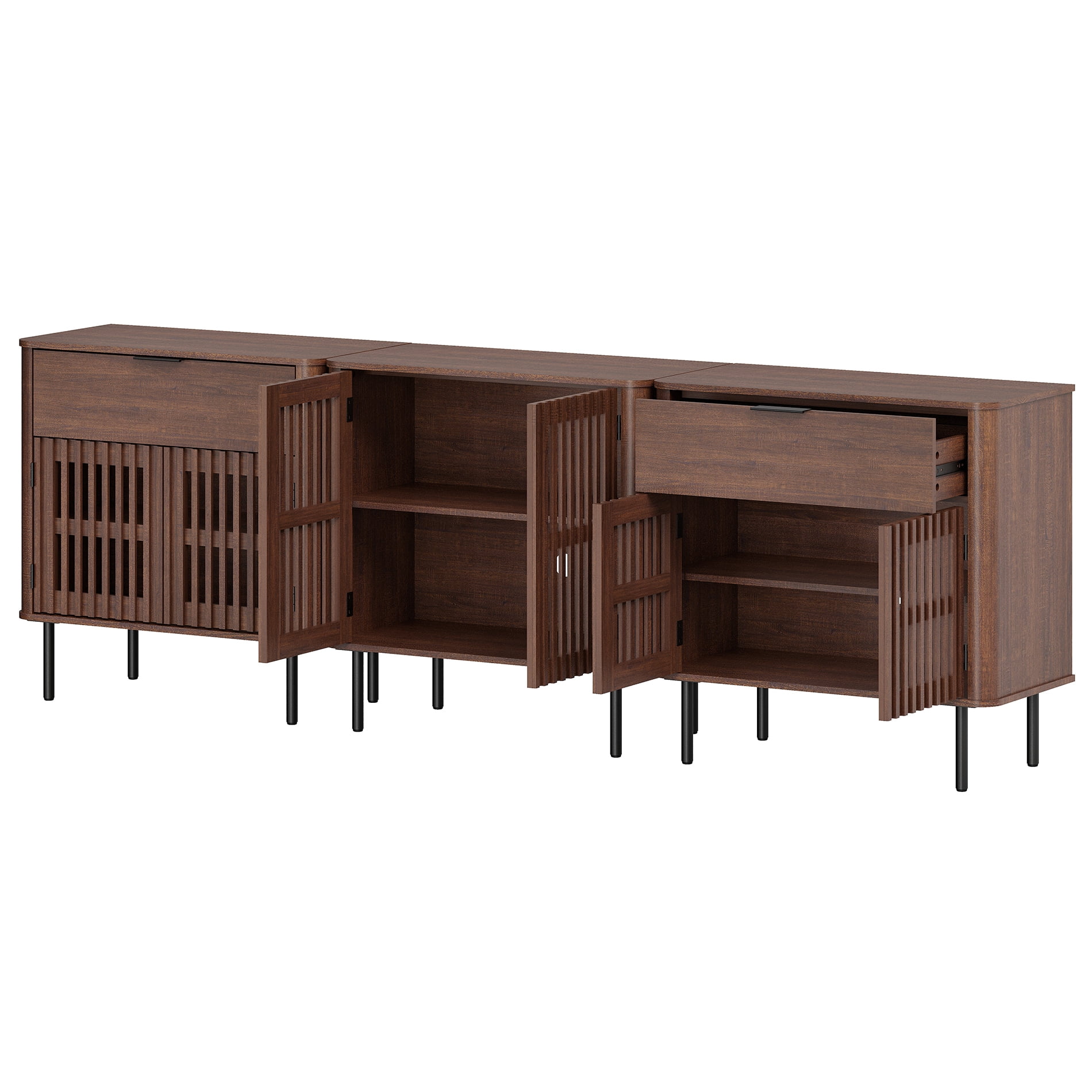 94.5 Inch Large Fluted Buffet Cabinet Sideboard with Storage,Wood Modern Accent Coffee Bar Console Table, Walnut