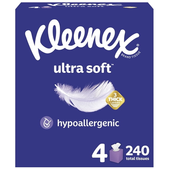 Kleenex Ultra Soft Facial Tissues, 4 Cube Boxes, 60 Tissues per Box, 3-Ply (240 Total), Packaging May Vary