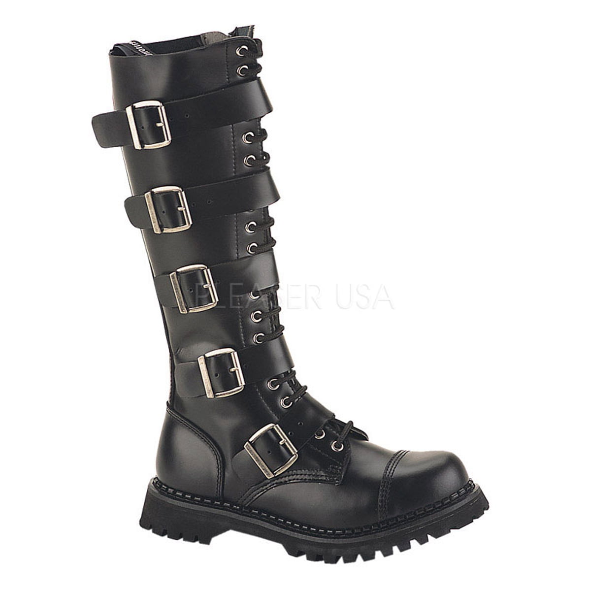 Strap Steel Toe Blk Leather Knee Boot 
