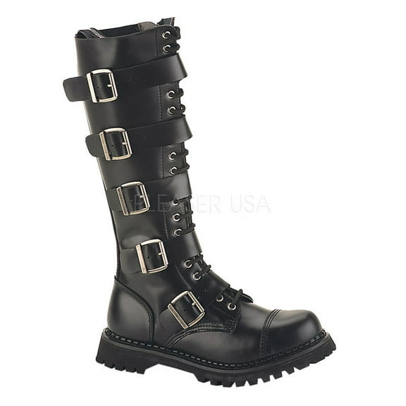 Riot-20, 20 Eyelet 5 Strap Steel Toe Blk Leather Knee Boot
