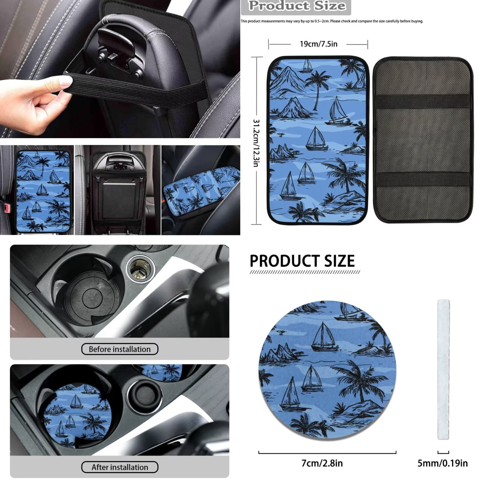 FKELYI Car Seat Covers with Steering Wheel Cover Auto Center Console Pad Seat Belt Pads Blue Palm Tree Sailboat Print Head Rest Covers Gear Shift Cover Hanbrake Cover for Most Vehicle, 16 Pcs