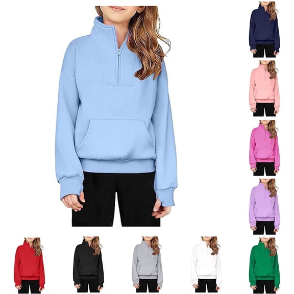 Boys Girls Solid Color Half Zip Fleece Sweatshirt with Thumbhole