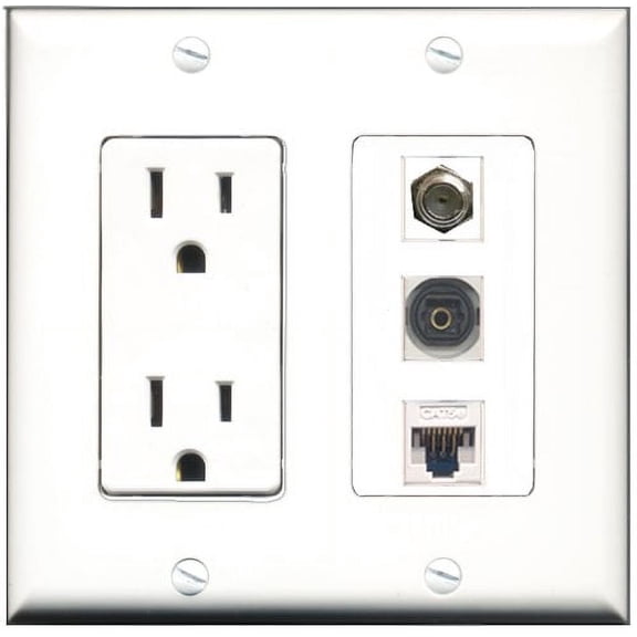 RiteAV - 15 Amp Power Outlet 1 Port Coax 1 Port Toslink 1 Port Cat5e Ethernet White Decorative Wall Plate