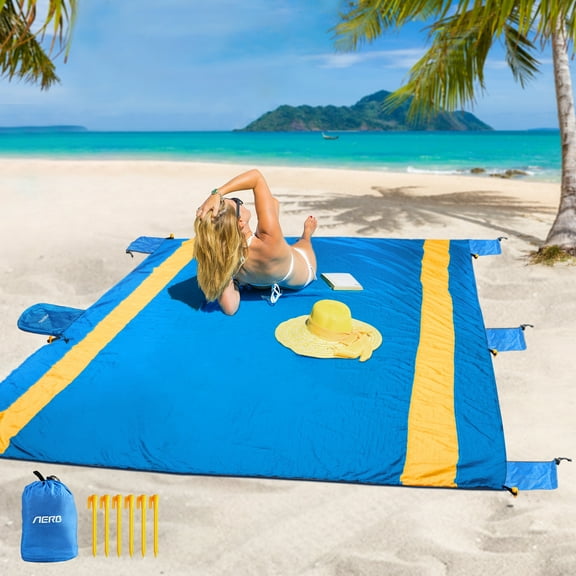 Aerb Beach Blanket, 108"x84" Picnic Mat with 6 Stakes and Corner Pockets, Sand Free & Quick Drying