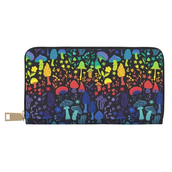 Leather Thin Slim Wallets for Women Men - Magical Mushrooms and Flowers Clutch Card Wallet for Women Men with Zipper