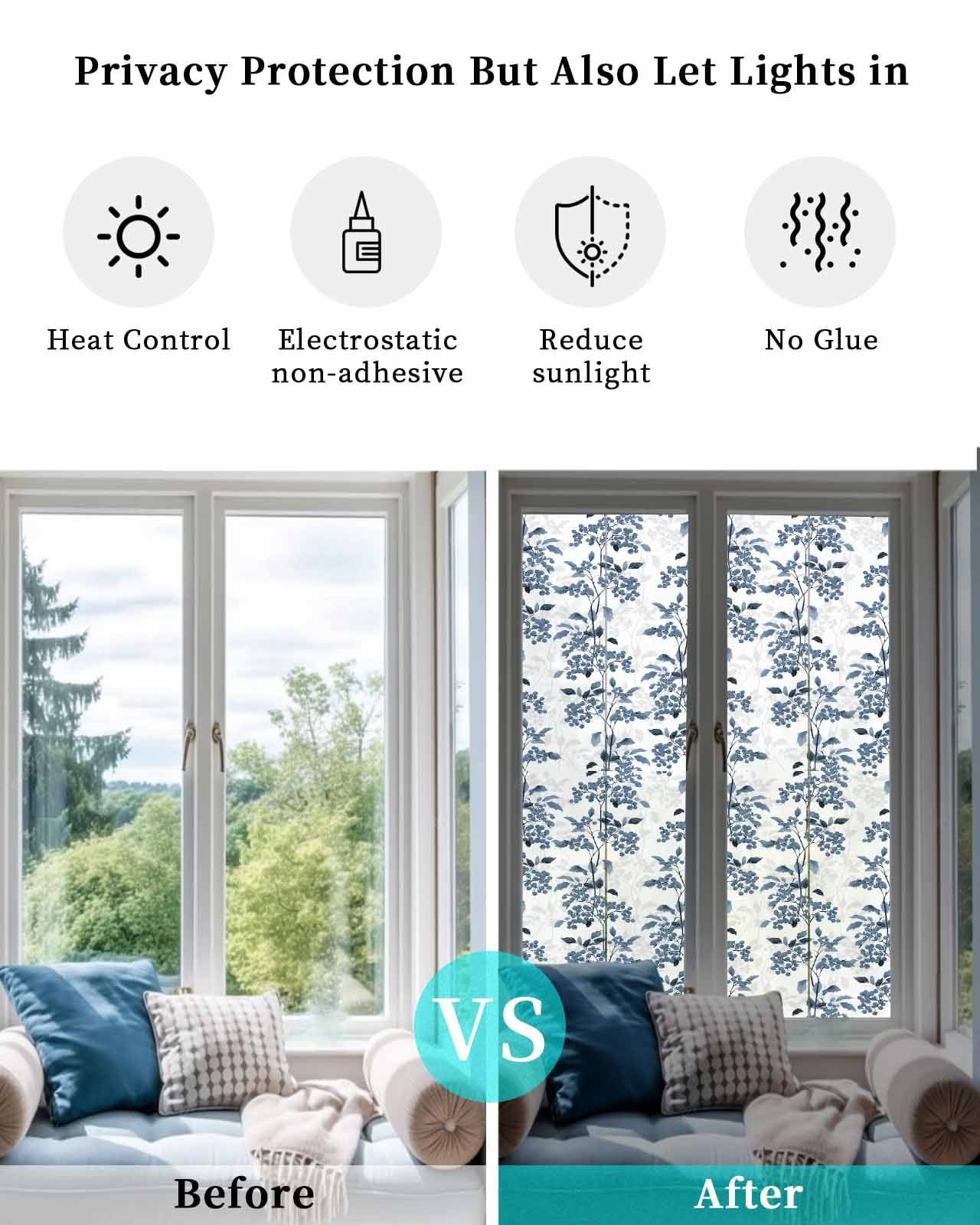 Window Privacy Film Blue Botanical Stained Glass Window Film Decorative Sun Block Window Cover Vintage Nature Flower Floral Window Clings Static Adhesive Sticker for Bathroom 29.5"x118"