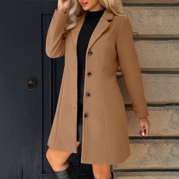 Guieoi Plus Size Jackets for Women Women's Solid Casual Thicken Wool Stand Collar inner Lining Pocket Breasted Pea Mao Coat Brown
