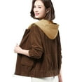 thumbnail image 2 of Women Corduroy Jacket - Fall Spring Patch Pockets Hooded Loose Colorblock Elastic Cuffs And Hem Streetwear Office And Leisure Coat, 2 of 8