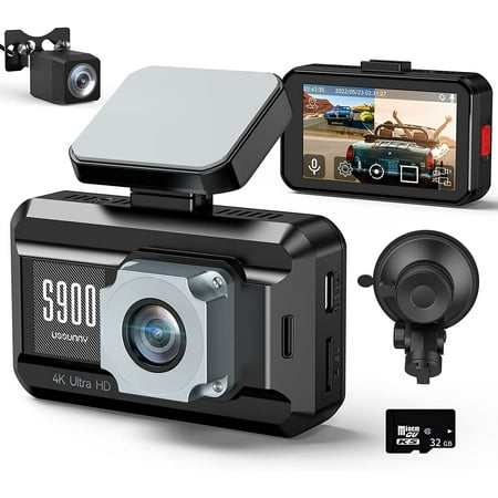 4K Dash Cam USSUNNY 3" Touch Screen Front 4K and Rear 1080P Dual Car Camera with 32GB SD Card, 170° Wide Angle, WDR, Night Vision, Built-in GPS, Sony Sensor, Support 256GB Max