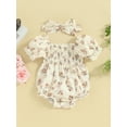 thumbnail image 3 of Musuos Baby Girl Summer Outfit, 3 6 9 12 18Months Square Neck Lace Trim Puff Sleeve Flower Print Romper + Bow Headband 2 Piece Set, 3 of 9