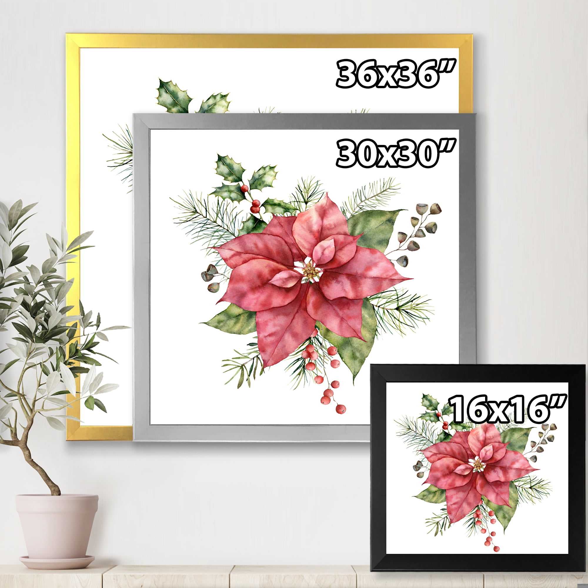 Designart 'Christmas Fir Branch and Holly Mistletoe Berries II' Traditional Framed Art Print