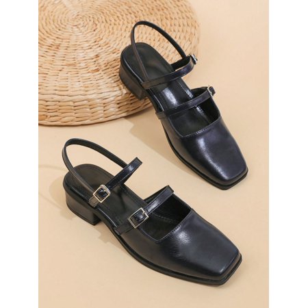 

Women Artificial Patent Leather Pumps Elegant Square Toe Ankle Strap Pumps