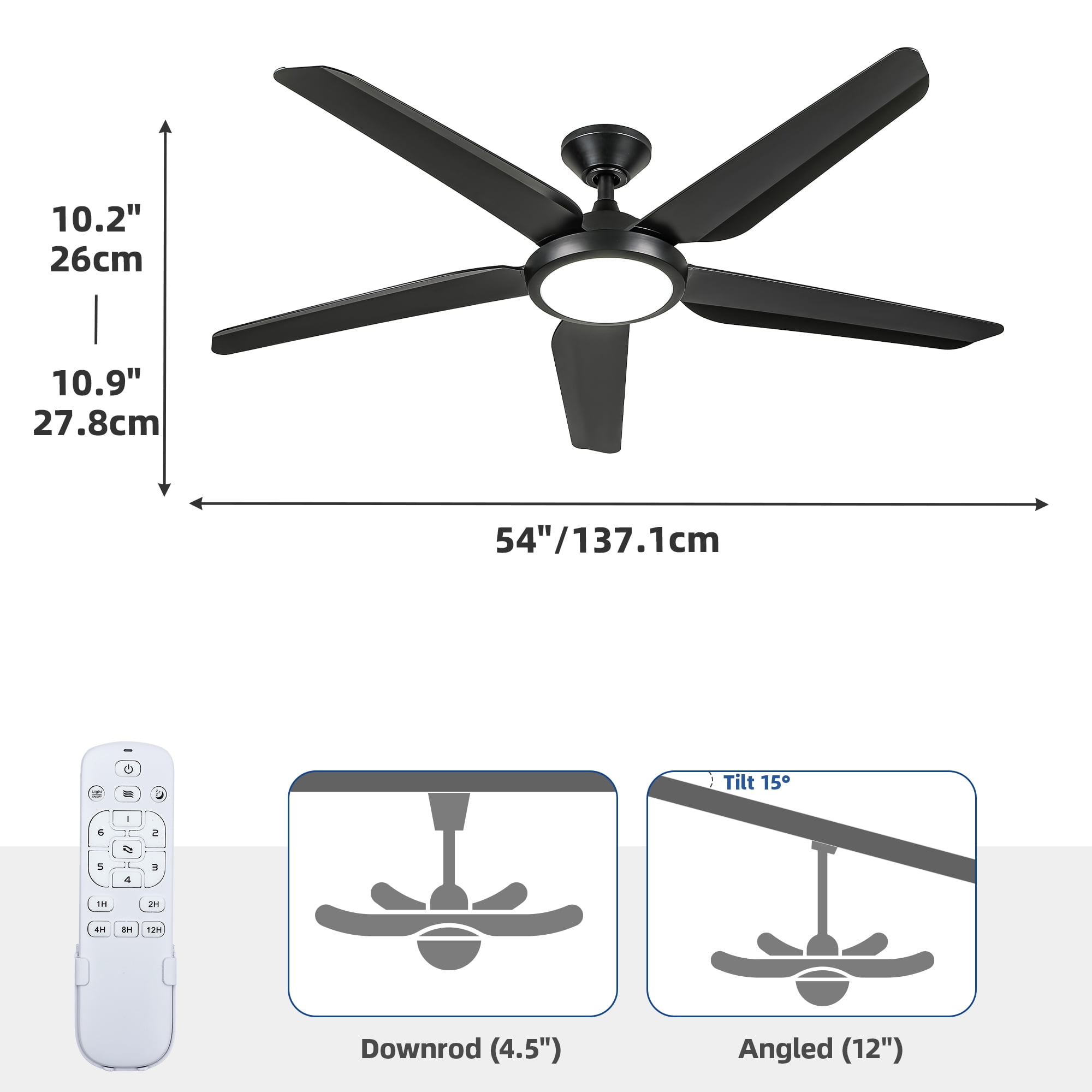 Uforic 54" Silent 5-Blade Modern Ceiling Fan with  Adjustable Light and Remote for Indoor, Black
