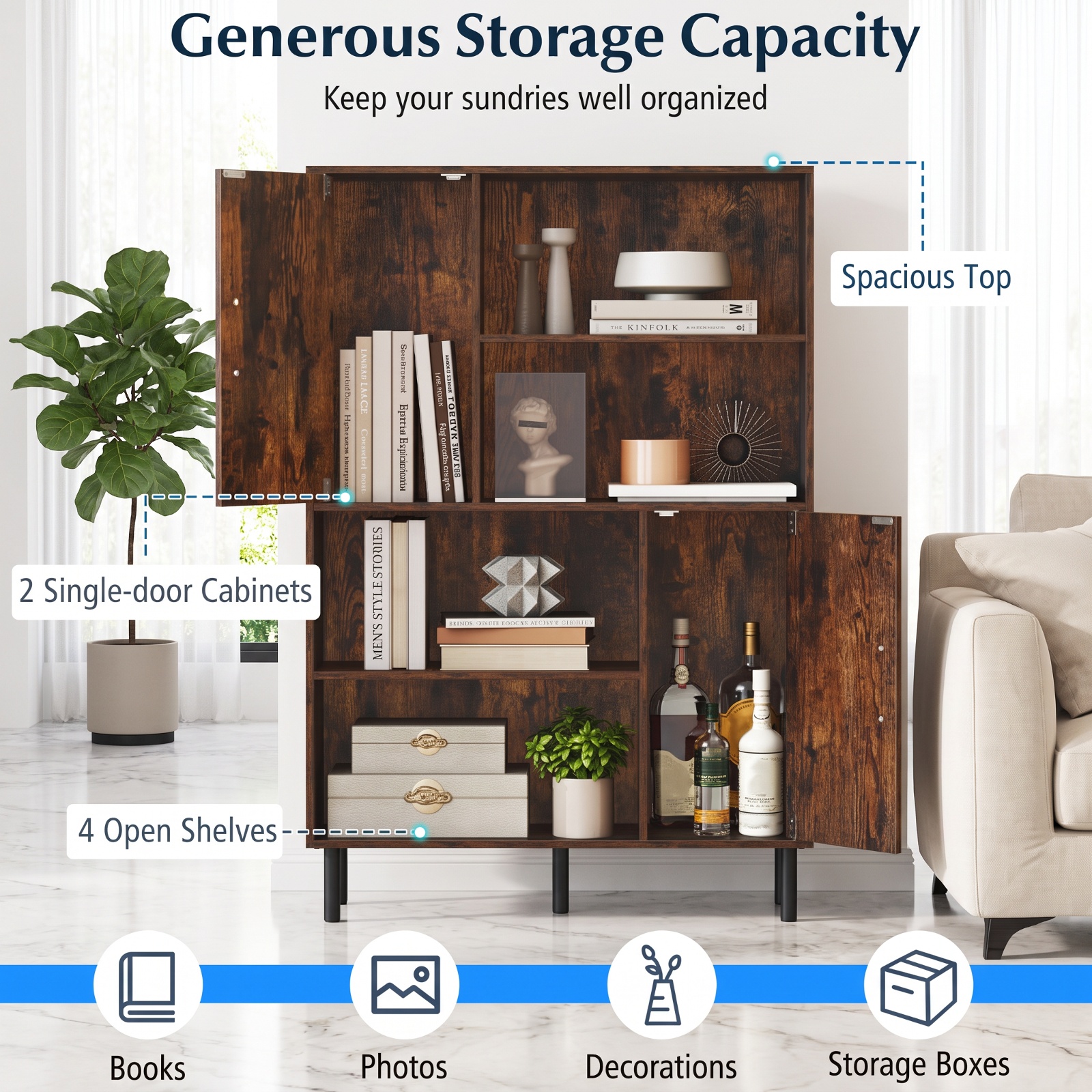 Furnibear 47 Inch Storage Cabinet Freestanding Bookcase with 2 Doors and 4 Open Shelves for Living Room Home Office Bedroom Display, Rustic Brown