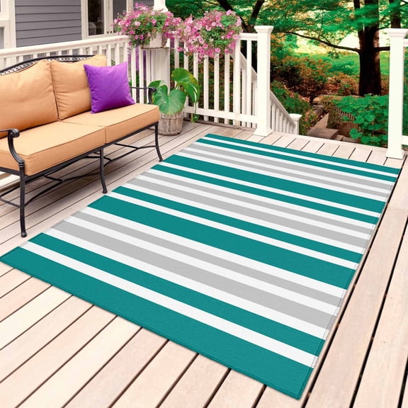 Teal Grey Stripe Outdoor Rug for Patio/Deck/Porch, Non-Slip Large Area Rug 5 x 8 Ft, Farmhouse Minimalist Striped Indoor Outdoor Rugs Washable Area Rugs, Reversible Camping Rug Carpet Runner