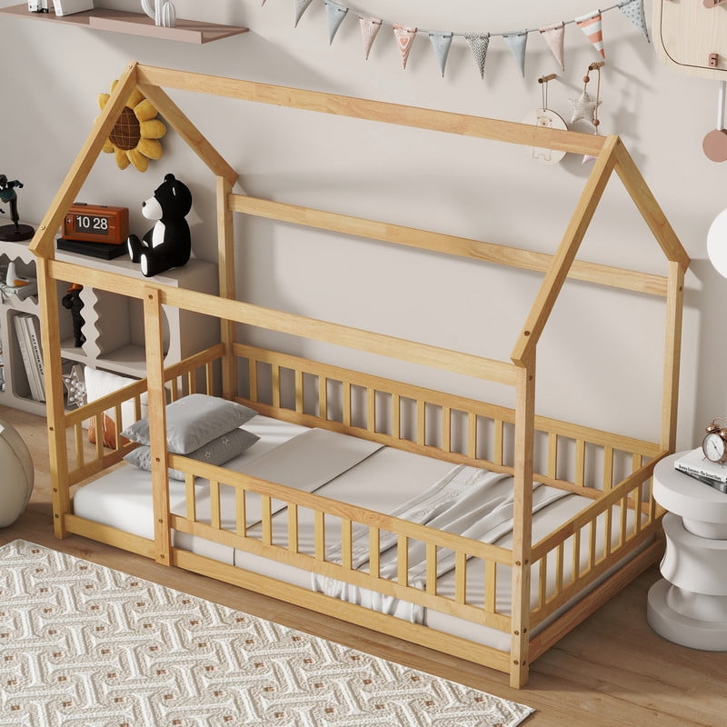 Twin Size House Floor Bed Frame,Wooden Montessori Floor Bed with Fence ,, Natural