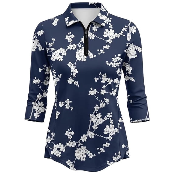 Wang6 3/4 Sleeve Tops for Women Trendy Quarter Zip Polo Shirts with Collar Fall Causal Floral Printed V Neck T Shirts Graphic Tees 0713-3/4 sleeve tshirts Dark Blue XXL